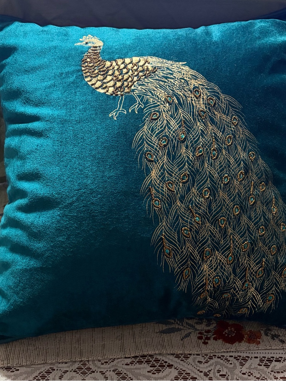 Pier 1 Teal Velvet Pillow with Gold Embroidered Peacock